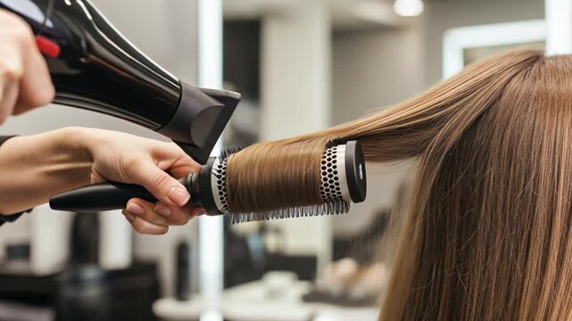 Professional hairstylist blow-drying long brown hair with a round brush during a salon styling session.