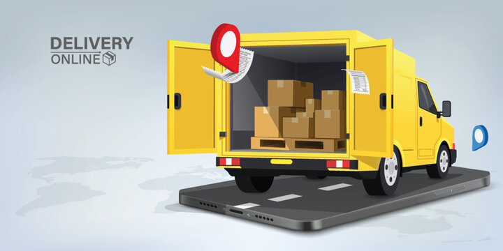 Online delivery concept with yellow cargo van carrying cardboard boxes from smartphone, ecommerce shipping and logistics service, courier transportation illustration
