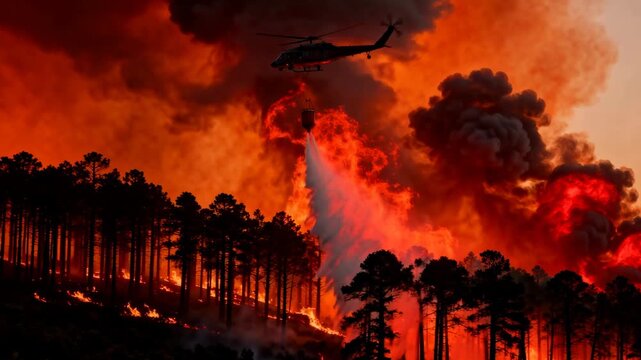 Emergency helicopter dropping water from a bucket over a raging forest wildfire.