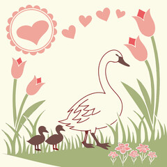 Naklejka premium Mother Swan With Two Ducklings Walking Together.