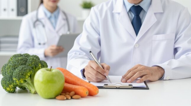 Doctor Consultation with Fresh Produce, Offering Nutritional Advice and Diet Planning for Healthy Lifestyle