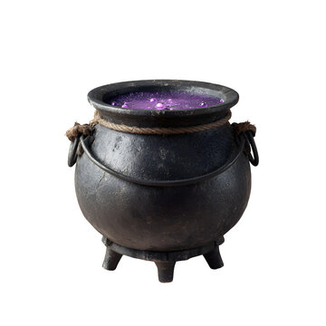 Bubbling cauldron with purple potion isolated on transparent background