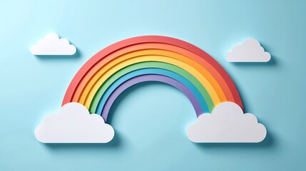 Fototapeta premium A vibrant rainbow and fluffy clouds against a light blue backdrop, evoking feelings of hope and optimism. The rainbow's multiple colors create a sense of wonder