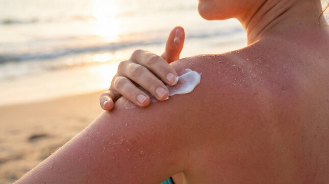 Close-up of a hand applying white after-sun balm on a sunburned shoulder with peeling skin texture at the beach during summer