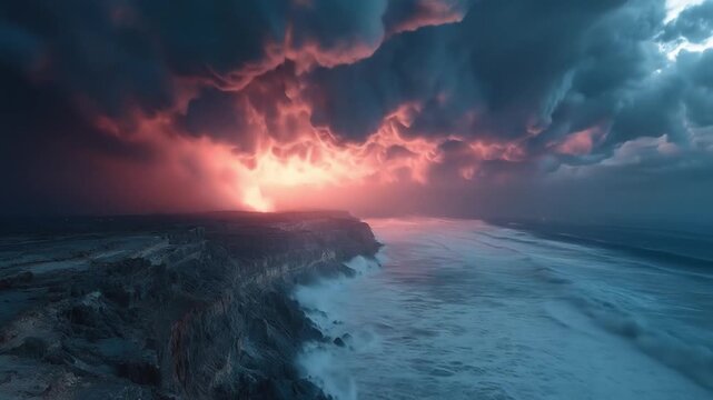 Dramatic storm clouds over a coastline at sunset with fiery colors
