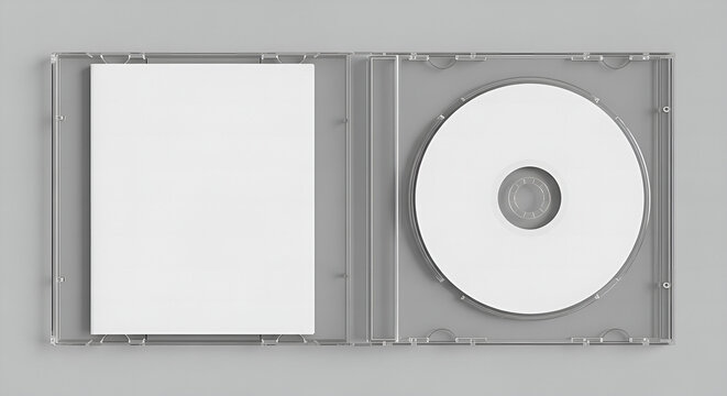 blank dvd case, Open clear plastic CD jewel case with blank white disc and insert for branding. Mock-up of compact disc packaging on soft gray background. Represents digital storage, music or software