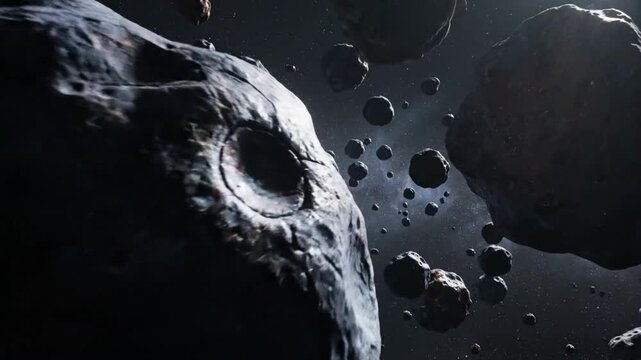 Cinematic animation of a dense asteroid field floating in deep space with realistic textures and starry background