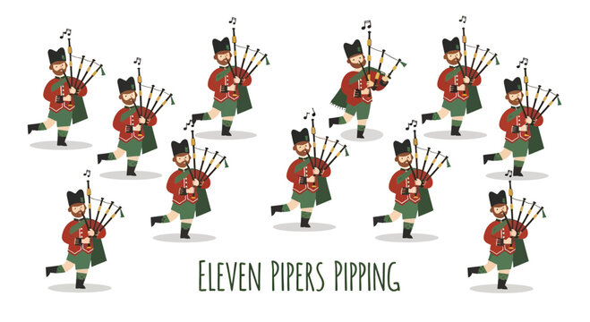 Eleven Pipers Piping Vector Illustration - Traditional Christmas Carol Theme, Festive Holiday Graphic for Greeting Cards and Seasonal Designs