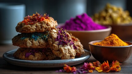 Decorated vegan oatmeal cookies with natural food coloring