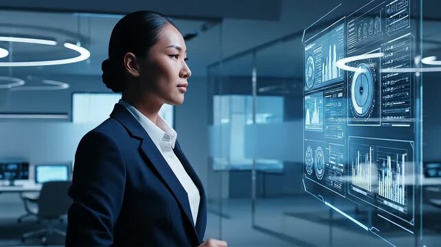 A professional woman analyzes AI business analytics with algorithm transparency and AI bias concept on a futuristic digital display in a modern office environment from a side viewpoint