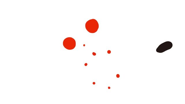 A particle or cartoon atom flies across the canvas, breaking red balls.