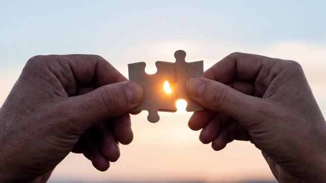Business connection and solution concept with hands joining puzzle pieces against sunrise background.