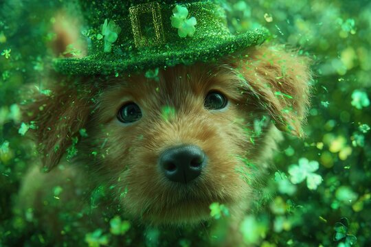 Golden retriever puppy wearing a green leprechaun hat surrounded by green clovers and shamrocks, celebrating St. Patrick's Day in a festive outdoor setting
