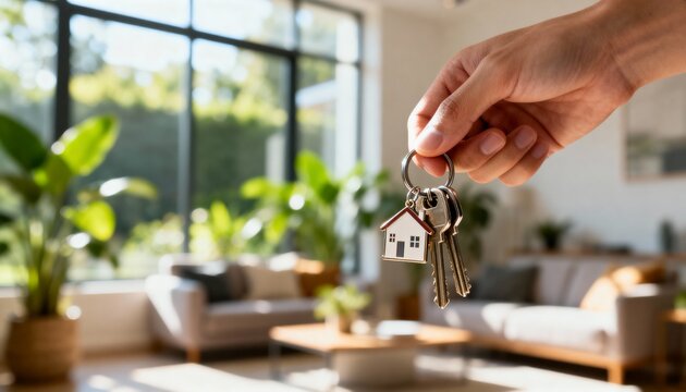 Hand holding house keys in a bright modern living room, home purchase, rental agreement, property investment and moving day with copy space.