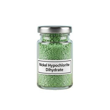 A glass jar filled with green nickel hypochlorite dihydrate crystals on a white background from a frontal viewpoint