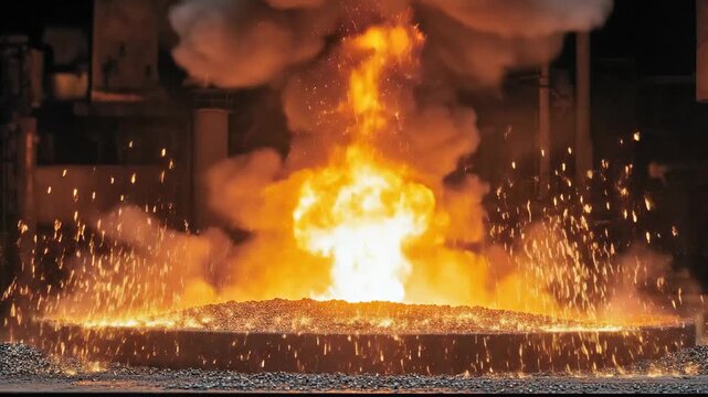 A fiery explosion of molten metal in an industrial setting.
