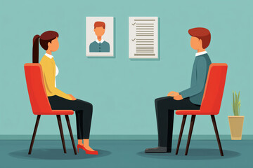 Fototapeta premium Caucasian young adult woman and Caucasian young adult man sitting on chairs facing each other in office setting, engaging in conversation with framed portrait and checklist on wall