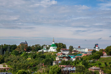The Old Vladimir Museum, housed in the former water tower (left), St. Nicholas Church, and the Church of the Savior. Vladimir, Russia