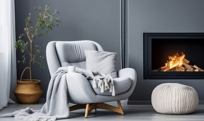 Naklejka premium Scandinavian style home interior design with comfortable arm chair and fireplace