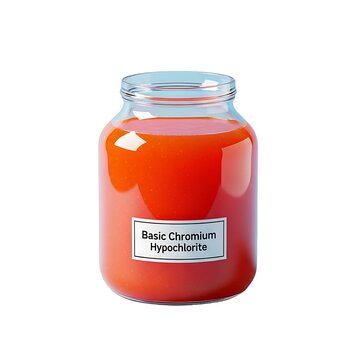 A glass jar containing a vibrant orange-red liquid labeled as Basic Chromium Hypochlorite, isolated on a plain background, viewed from a straightforward perspective.