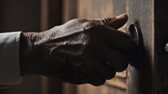 Close-up of a hand gripping a doorknob against a wooden door, illuminated with warm lighting