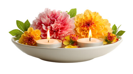 Flower in vase with candle and bouquet of colorful flowers