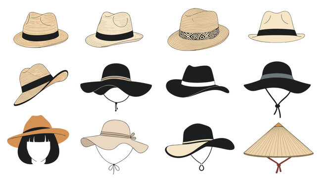 Collection of different stylish hats for men and women including fedora, straw hat, wide brim, and conical asian hat isolated on white background.