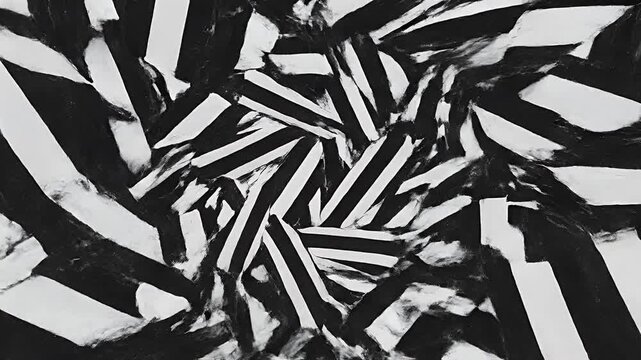 Black and white abstract artwork. Geometric shapes overlap in dynamic, textured brushstrokes