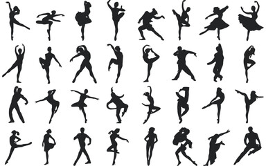 Silhouettes of ballet dancers in various poses forming a dynamic artistic composition