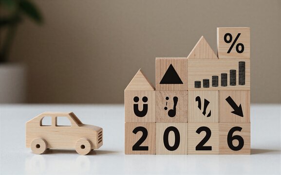 Wooden blocks show car, house, coins, and 2026symbolizing financial growth and investment trends.