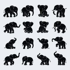 A collection of stylized black elephant silhouettes in various poses and sizes