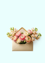 Beautiful Floral Bouquet in Envelope on Light Blue Background
