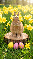 Springtime Bunny with Daisy Crown and Easter Eggs Amidst Daffodils