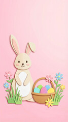 Easter Bunny with Colorful Eggs and Flowers on Pink Background