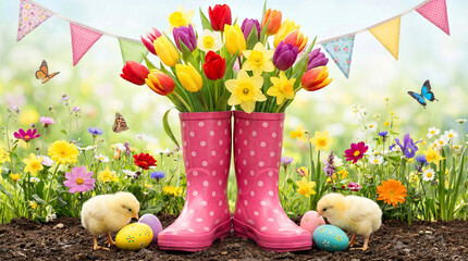 Spring Celebration: Colorful Flowers, Chicks, and Easter Eggs in Vibrant Garden Scene