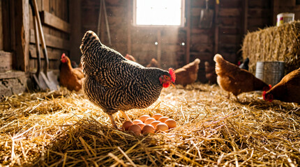 Farm Hen in Sunlit Barn with Fresh Eggs and Hay for Rustic Agricultural Scene