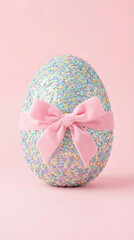 Pastel Sequin Easter Egg with Pink Bow on Soft Pink Background - Festive and Elegant Decoration