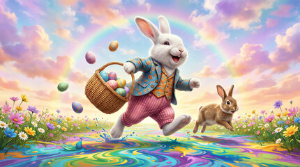 Joyful Easter Bunny with Basket and Rainbow in Vibrant Spring Meadow