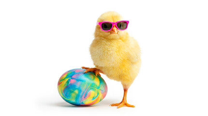 Cool Chick with Sunglasses Leaning on Colorful Easter Egg on White Background