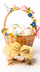 Easter Basket with Colorful Flowers and Yellow Chicks on White Background