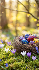 Vibrant Easter Eggs in Nest on Moss with Spring Flowers in Sunlit Forest