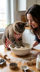 Woman and Cat Baking Together in Kitchen: Heart Aprons, Cozy Home Moments, Cooking Fun