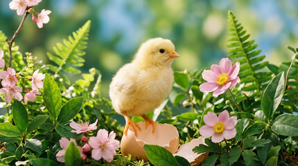 Adorable Newborn Chick Among Spring Blossoms and Ferns in Serene Garden Scene