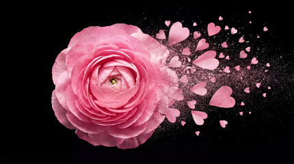 Close-up of a pink ranunculus flower disintegrating into heart-shaped petals and particles on a black background. Symbol of love, beauty, and transformation.