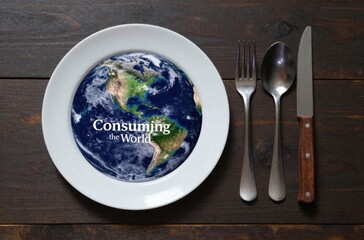 Global Consumption Concept: Earth on a Plate with Utensils Representing Environmental Issues and Sustainability
