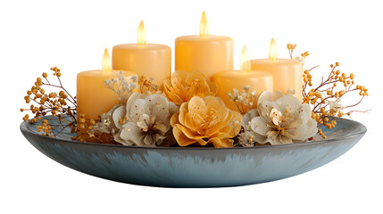 Heart shaped candles with flowers in a bowl