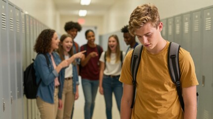 Fototapeta premium Sad Student Stands Apart as Others Laugh in School Hallway, Bullying and Exclusion Concept