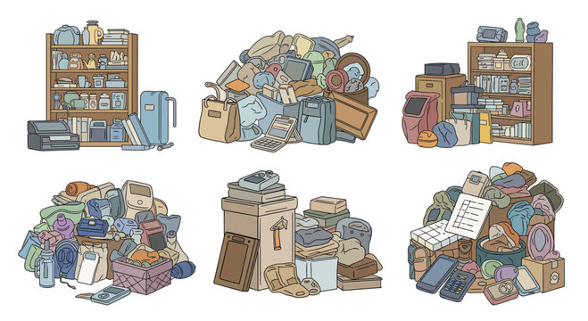 Piles of messy and disorganized household items including boxes, books, and miscellaneous clutter representing the need for cleaning.