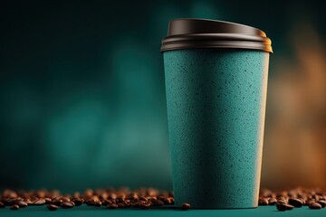 Steaming coffee cup with coffee beans