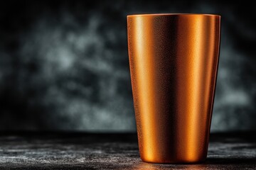 Copper colored metal tumbler on dark surface